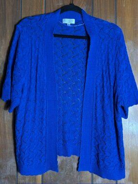 Signature Cardigan Womens Sz 16W Blue Crochet Knit 3/4 Sleeve by Robbie Bee